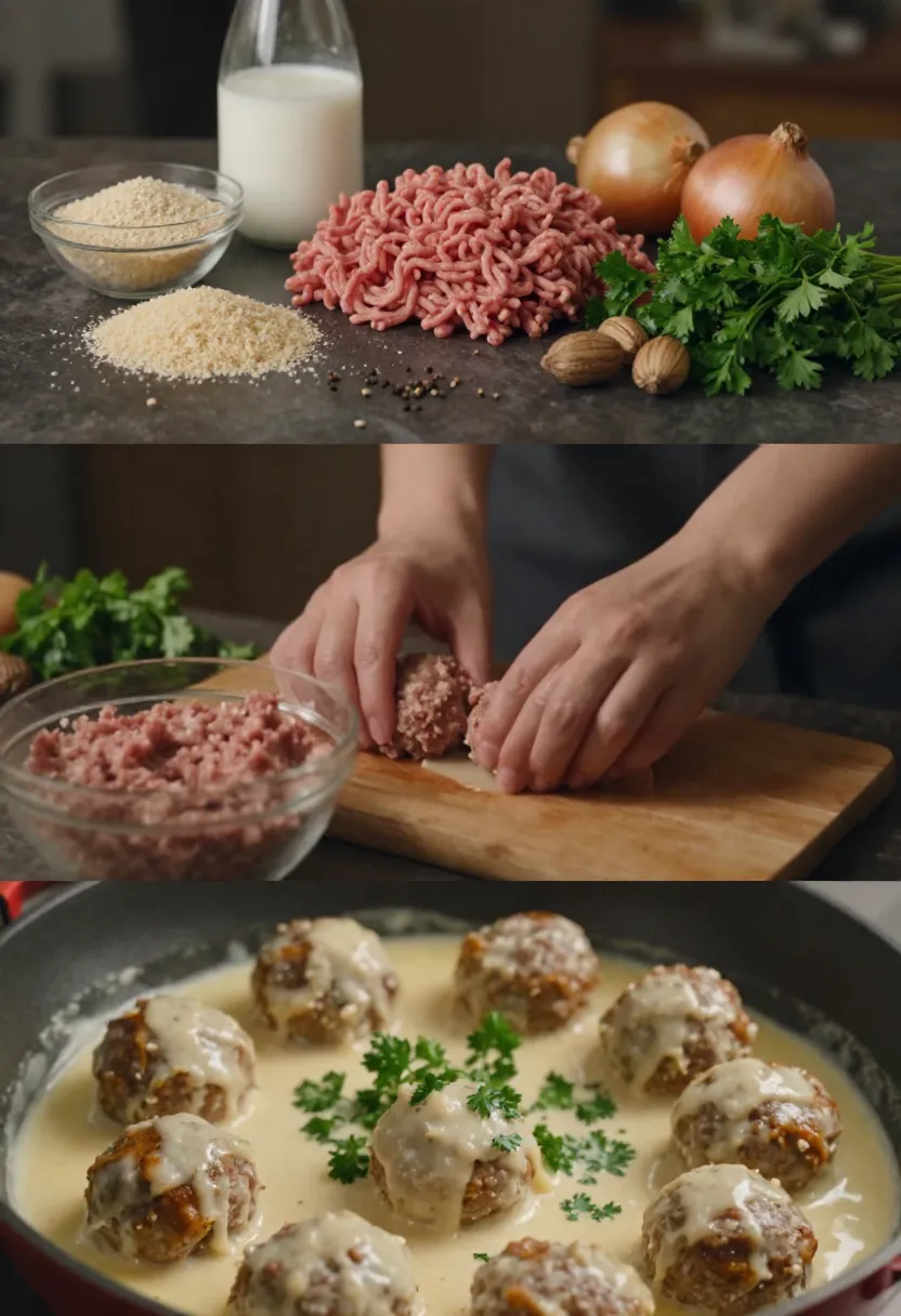 Collage showing meatball ingredients (ground meat, onions, parsley, breadcrumbs, milk) and hands forming meatballs, then meatballs in a creamy sauce garnished with parsley on a skillet.