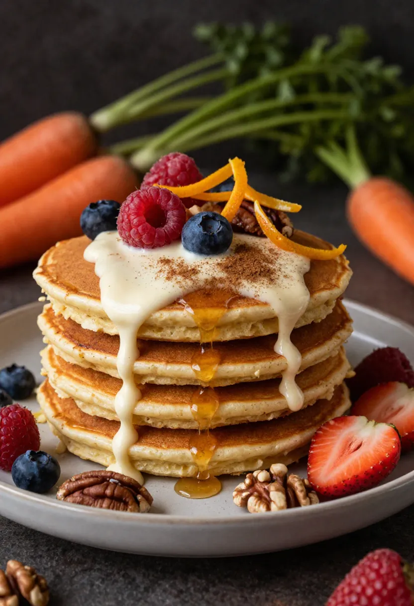 Carrot cake pancakes with cream cheese glaze, maple syrup, toasted nuts, berries, and warm spices.