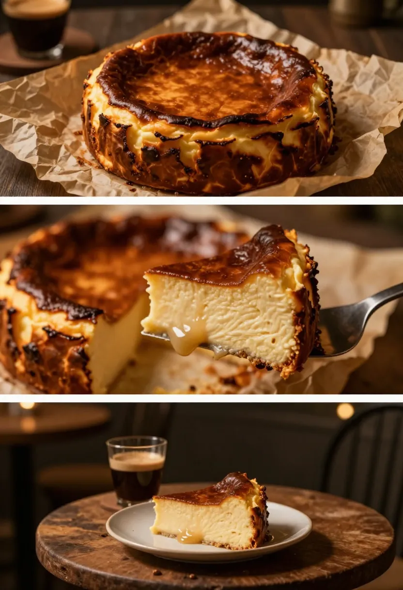 Creamy cheesecake with a dark caramelized top on parchment, resting on a wooden table. Three-panel collage showing the whole cake, a slice held on a fork, and a slice on a plate with coffee in the background.