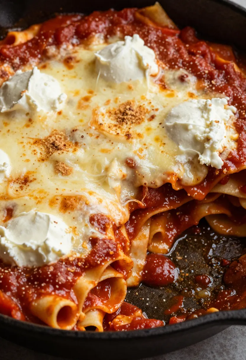 Skillet pasta with tomato sauce, melted cheese, and dollops of ricotta on top.