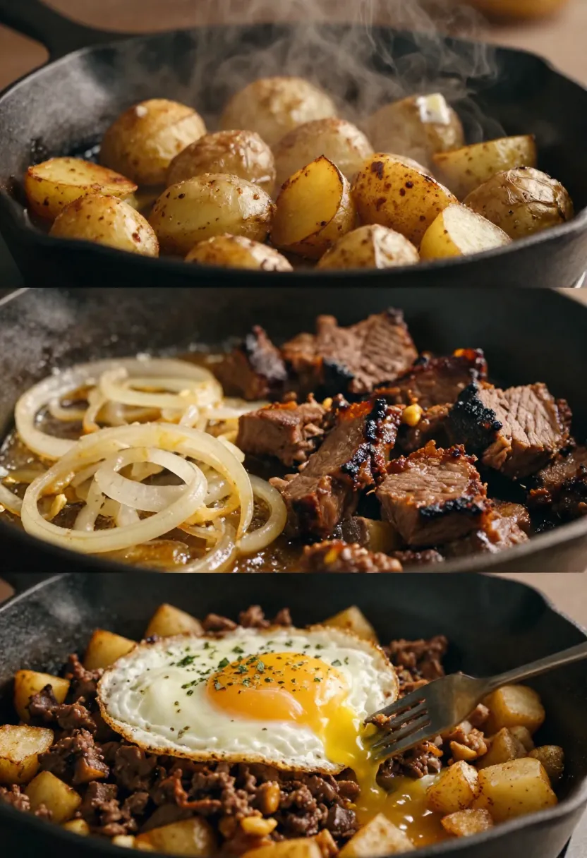 Triptych of skillet dishes: roasted potatoes, sautéed beef with onions, and a potato-beef hash crowned with a fried egg on top