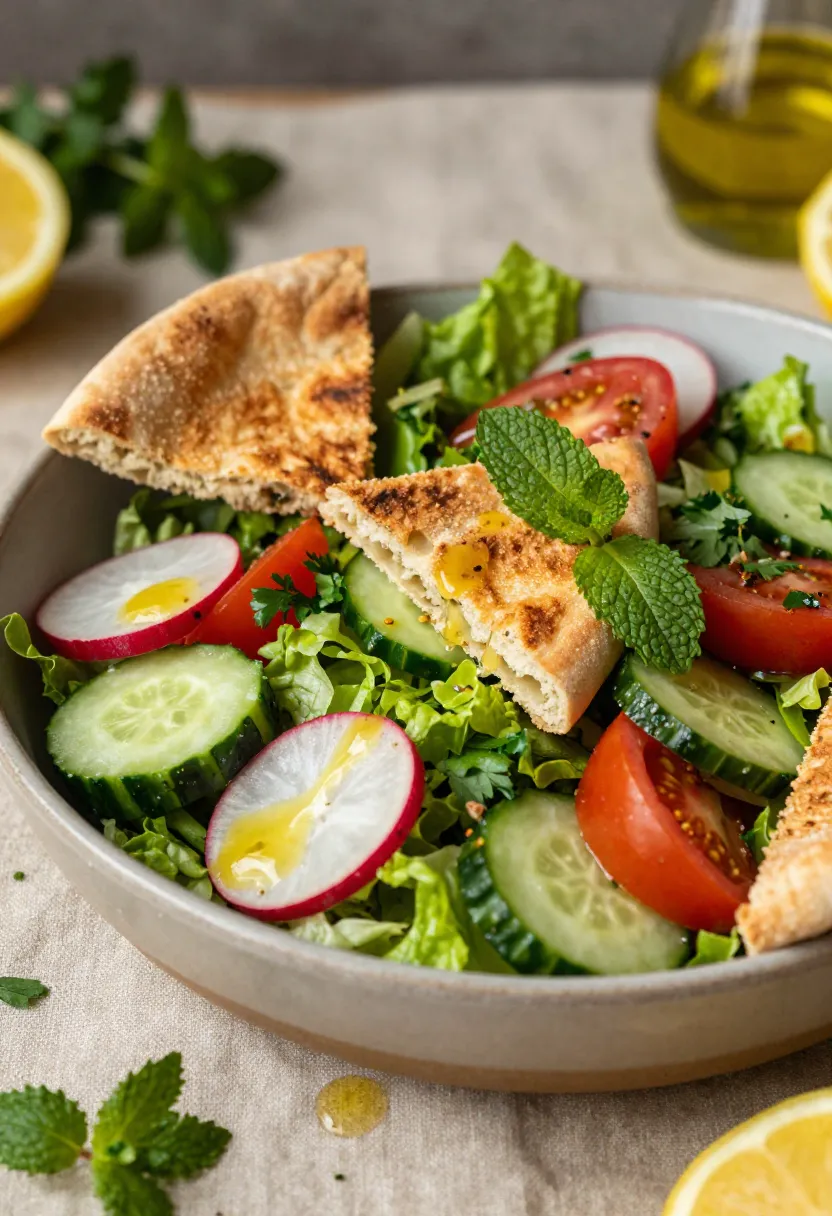 Fattoush salad served with grilled meats, hummus, roasted vegetables, and warm flatbread at a summer dinner table.