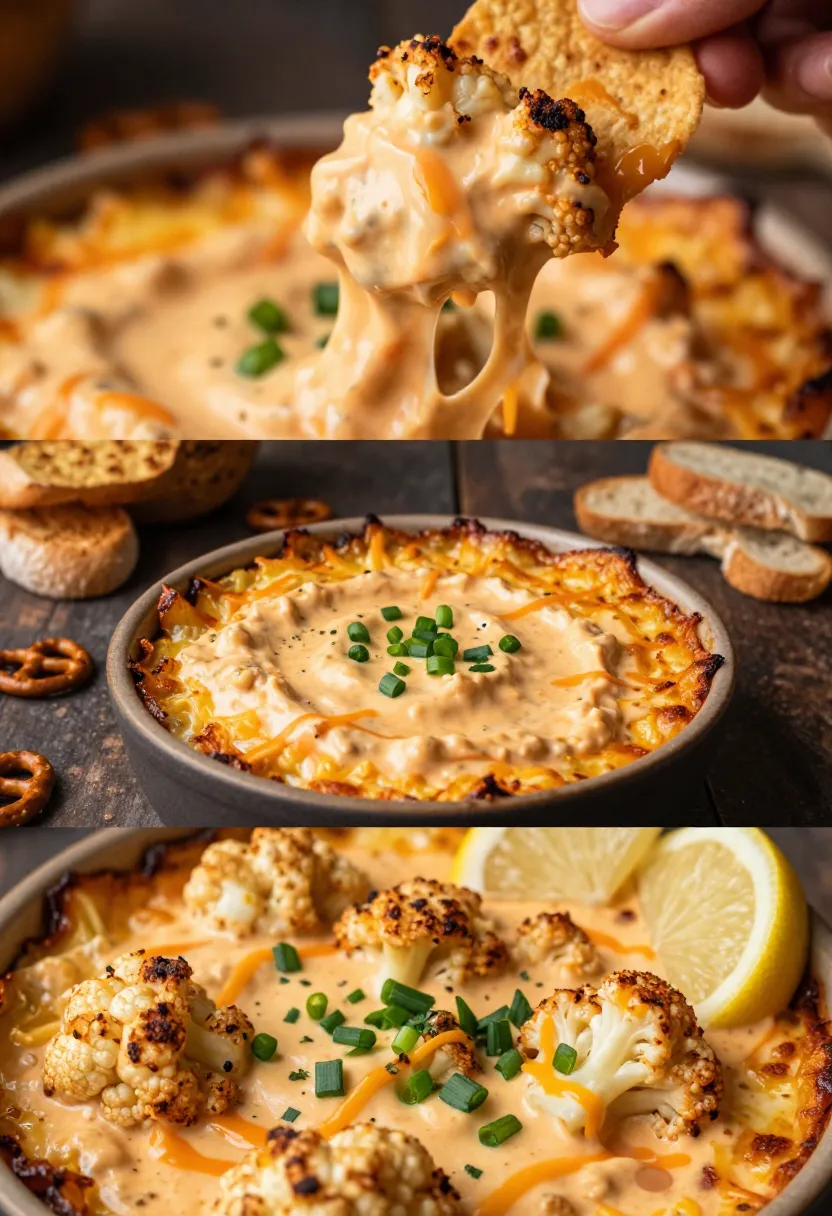 Creamy buffalo cauliflower dip with melted cheese and roasted cauliflower texture.
