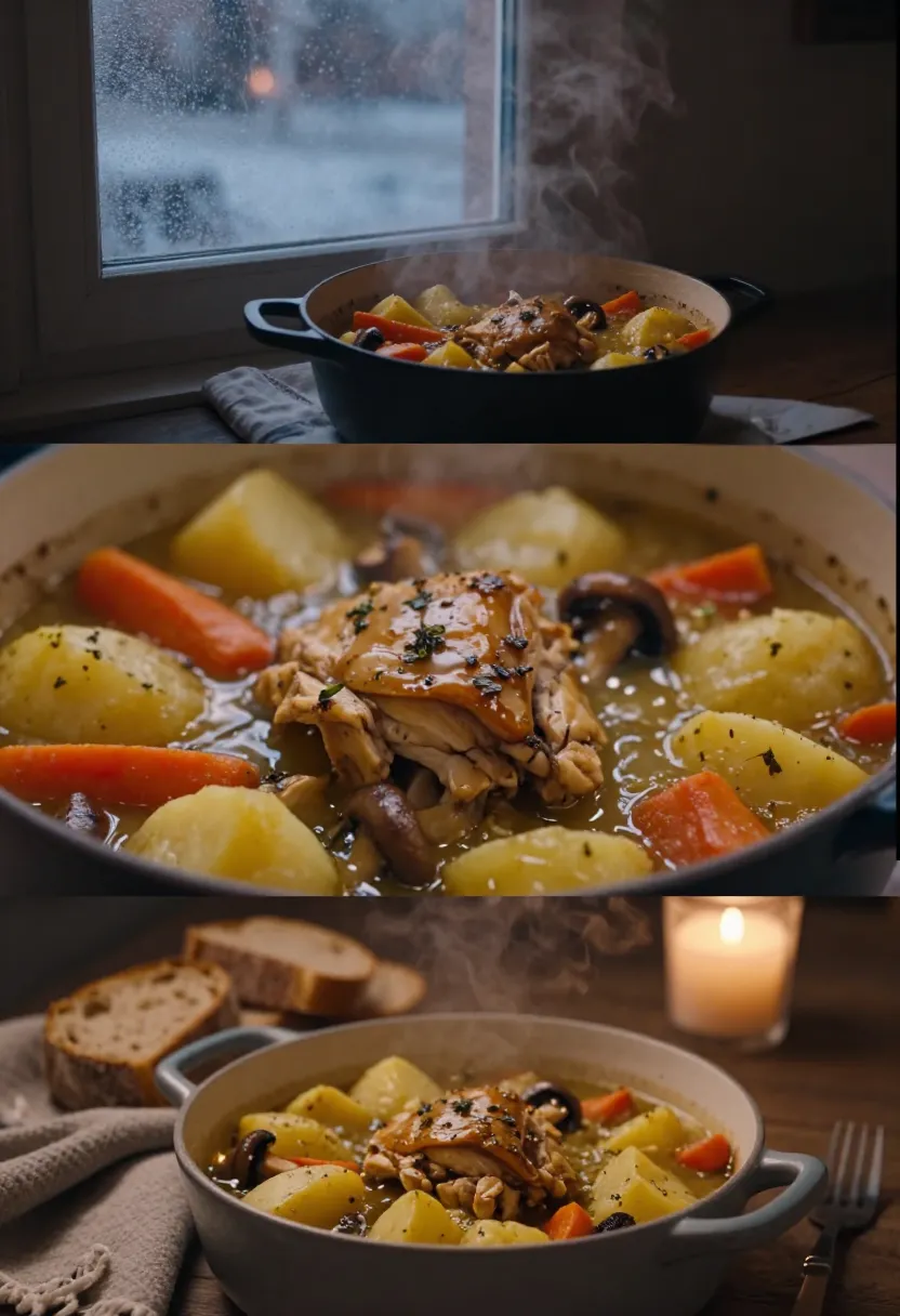 Skillet chicken and vegetables stew with potatoes, carrots, and olives, steaming on a kitchen counter.