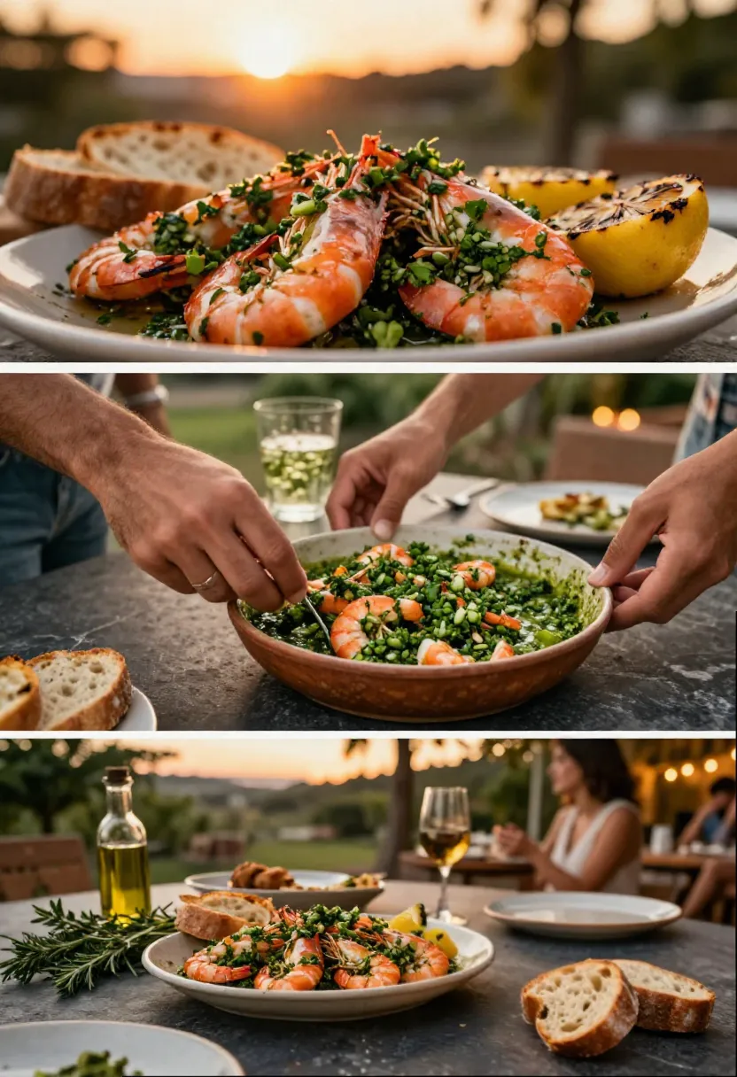 Collage of chimichurri shrimp served during a warm summer evening dinner with bread, herbs, and golden sunset atmosphere