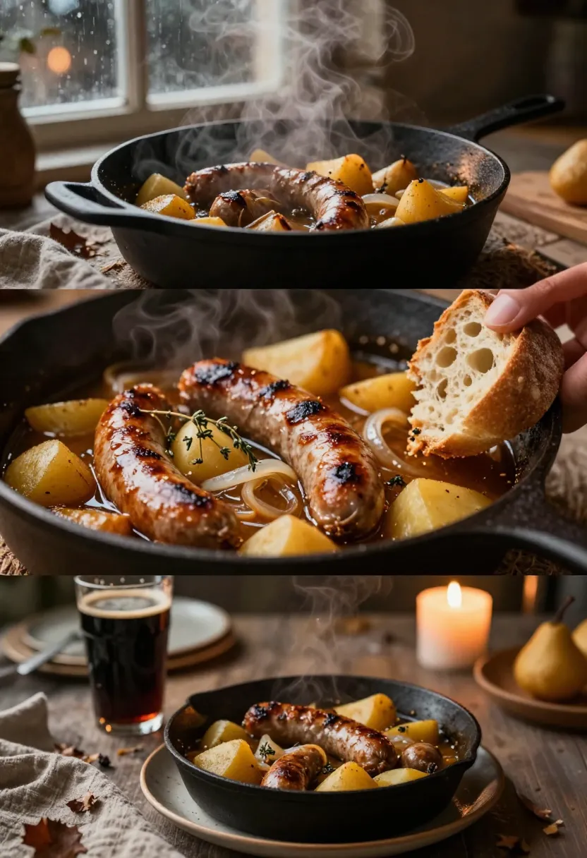 Cozy cold-weather collage of braised sausages with pears and potatoes simmering and served in a warm rustic atmosphere.