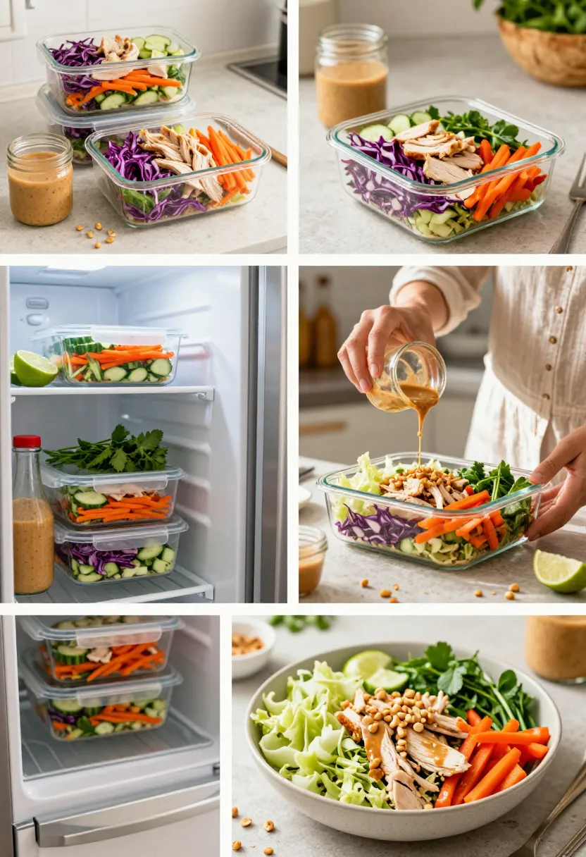 Thai chicken salad meal prep collage with fresh colorful containers