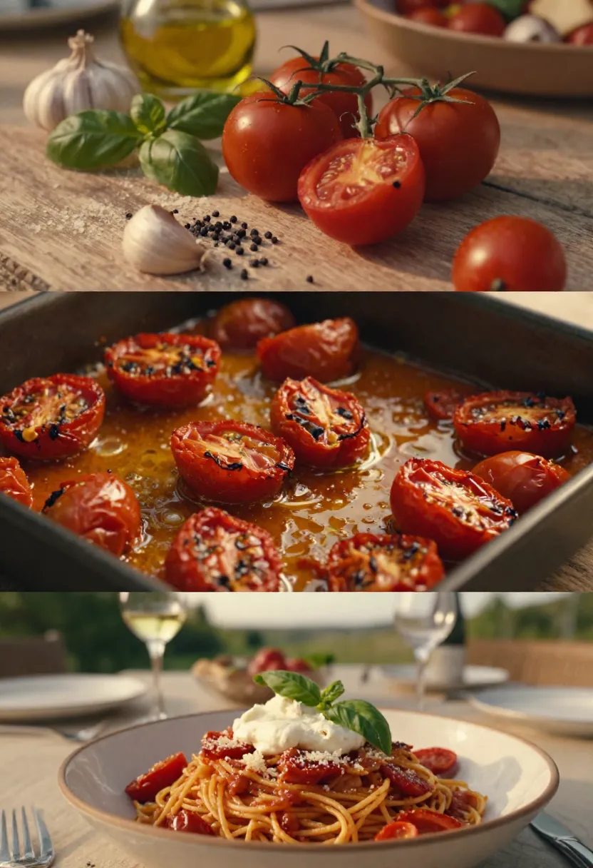 Collage of fresh tomatoes with garlic and basil, roasted cherry tomatoes, and pasta with tomato sauce on a table. (three-panel image)
