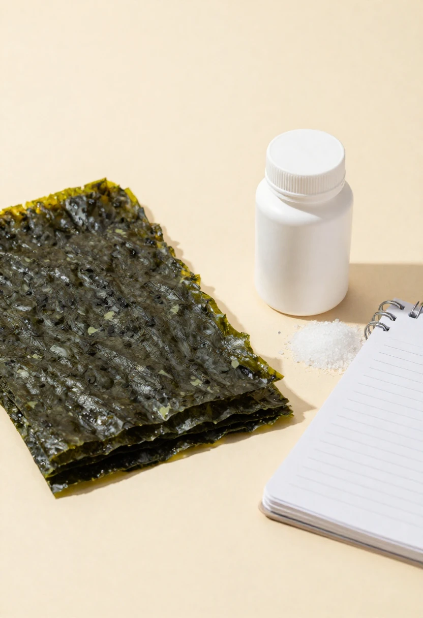 Seaweed, iodine supplements, and iodized salt showing the need for safe iodine intake.
