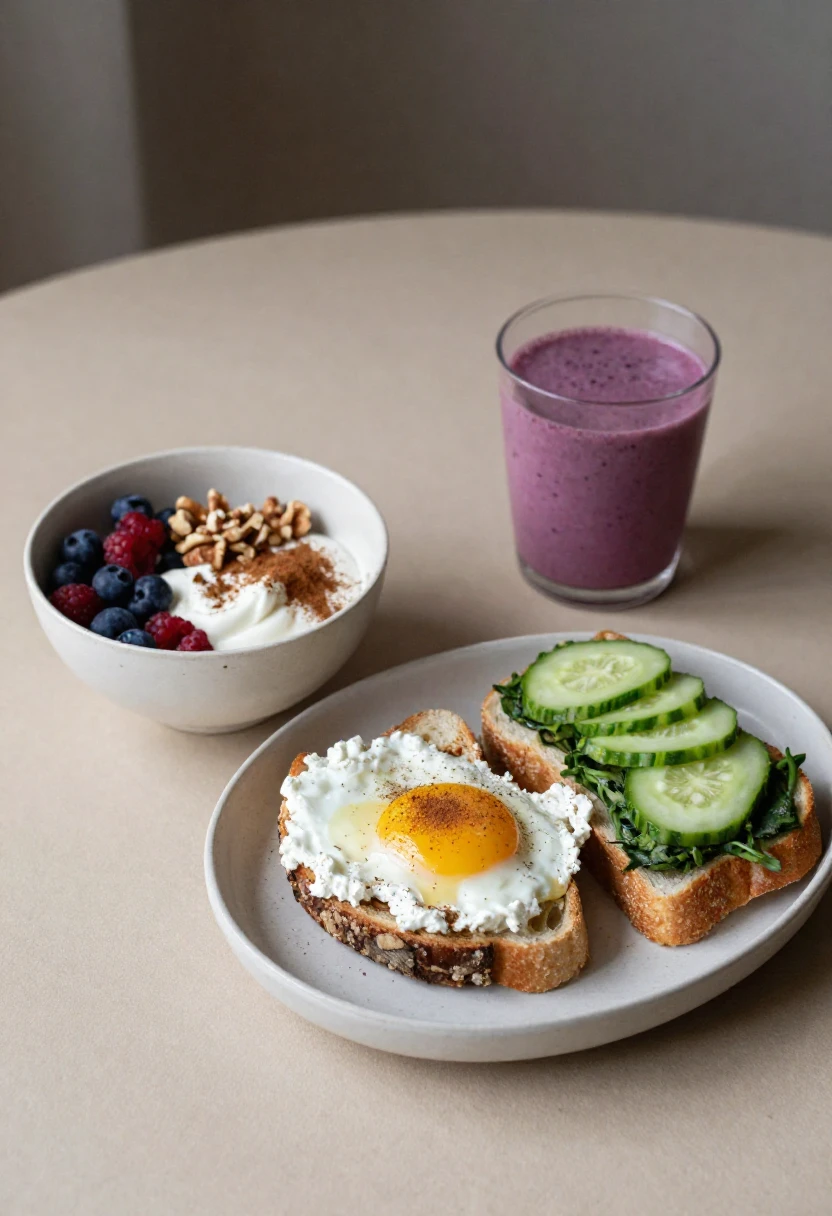 Tooth-friendly breakfast ideas with Greek yogurt, berries, nuts, egg spinach toast, cottage cheese toast, cucumber, and smoothie.