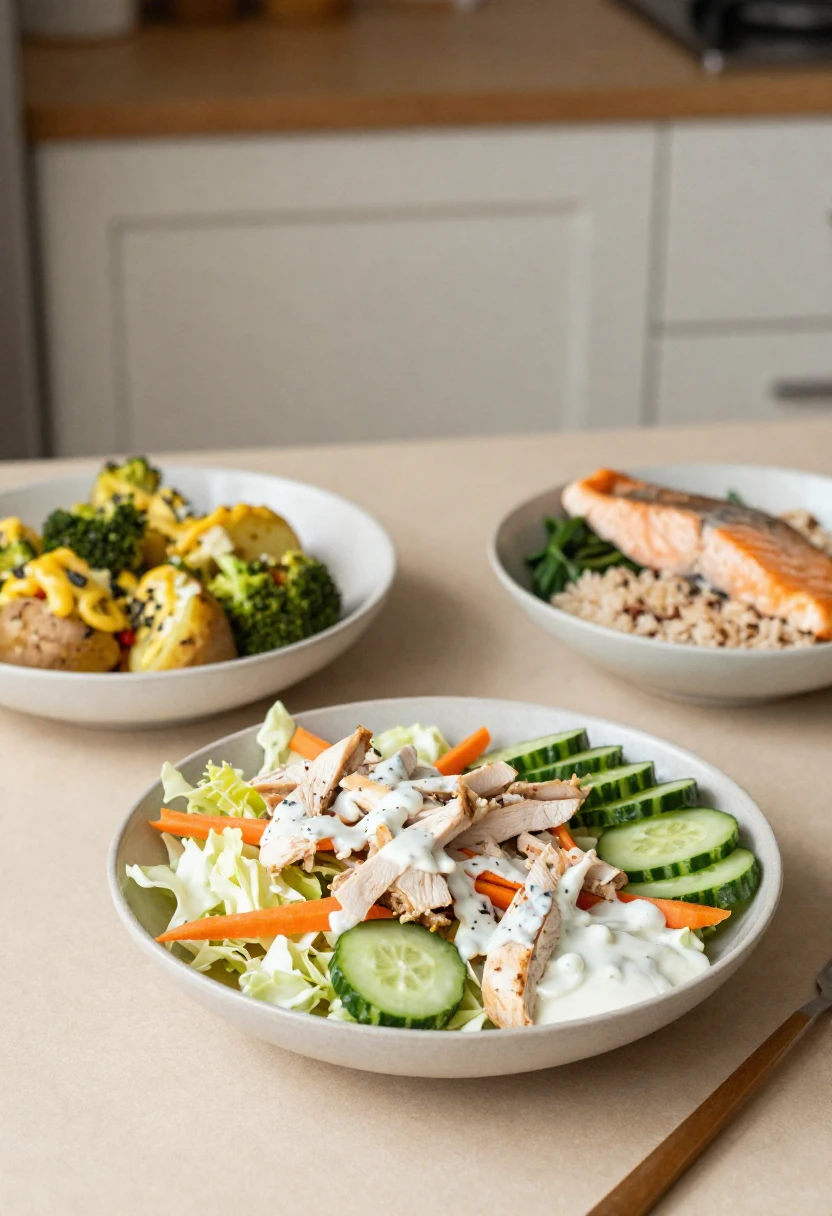 Tooth-friendly lunch and dinner ideas with crunchy salad, broccoli cheese baked potato, salmon rice bowl, greens, and cucumber.