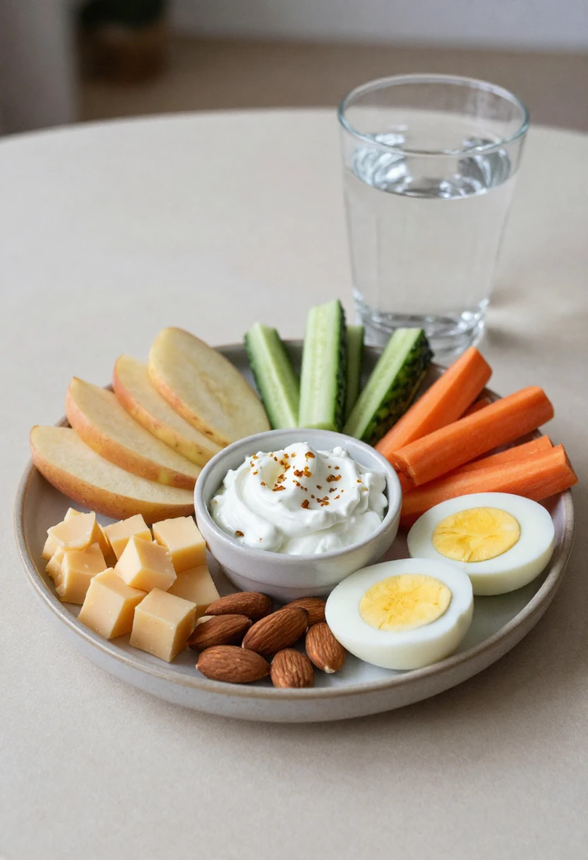 Tooth-friendly snack ideas with apple slices, cheese, almonds, crunchy vegetables, boiled eggs, yogurt dip, and water.