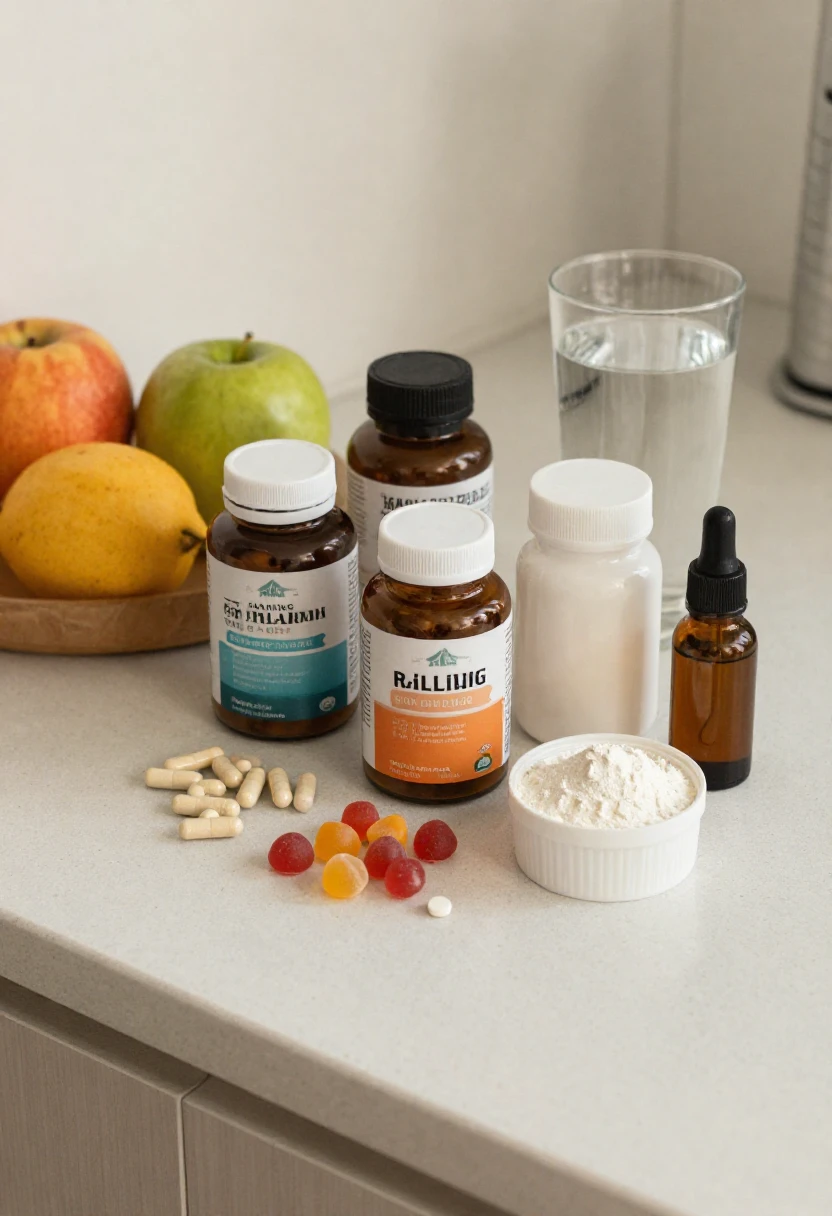 Different types of dietary supplements arranged with fruit and water