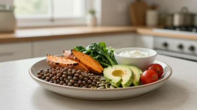 Balanced vegetarian meal with lentils, roasted vegetables, greens, avocado, and yogurt dressing for beginners learning to eat without meat.