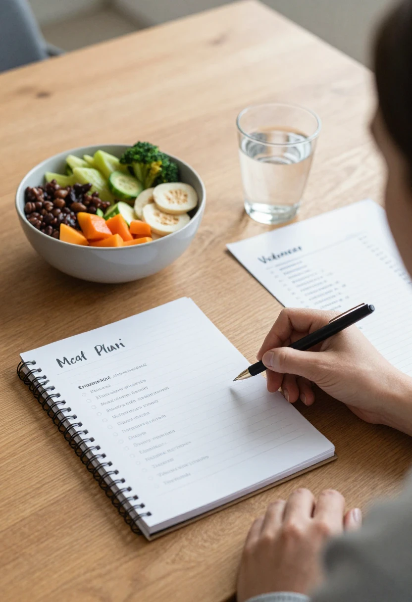 Person writes in a spiral notebook labeled 'Meal Plan' at a wooden table, with a bowl of assorted vegetables and a glass of water nearby.