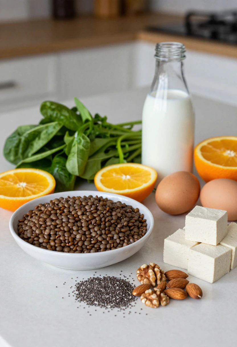 Vegetarian nutrient-rich foods with lentils, leafy greens, citrus, plant milk, eggs, walnuts, chia seeds, tofu, and almonds.
