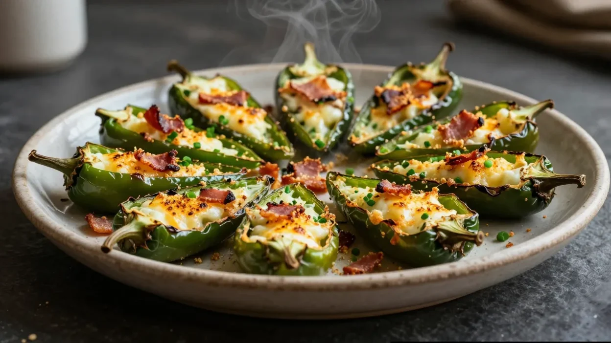 Baked jalapeño poppers with melted cheese and crispy topping