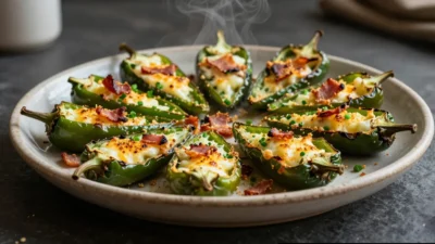 Baked jalapeño poppers with melted cheese and crispy topping