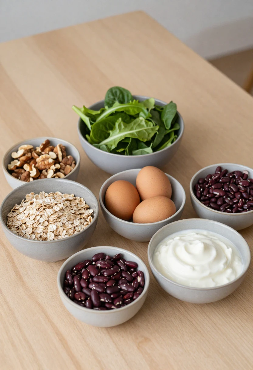 Assorted bowls of healthy foods on a wooden table: greens, oats, purple beans, eggs, yogurt, and mixed nuts.