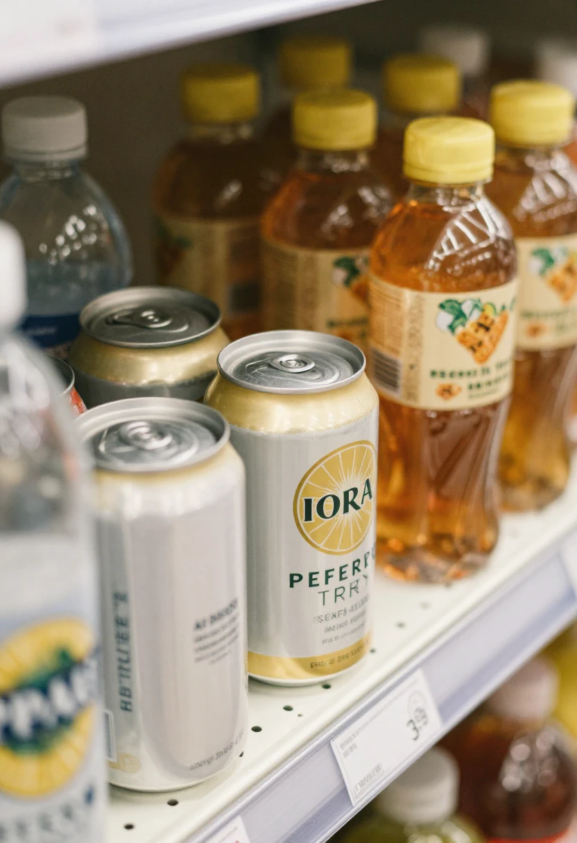 Cans of IORA lemon-flavored beverage on a store shelf with plastic bottles in the background.