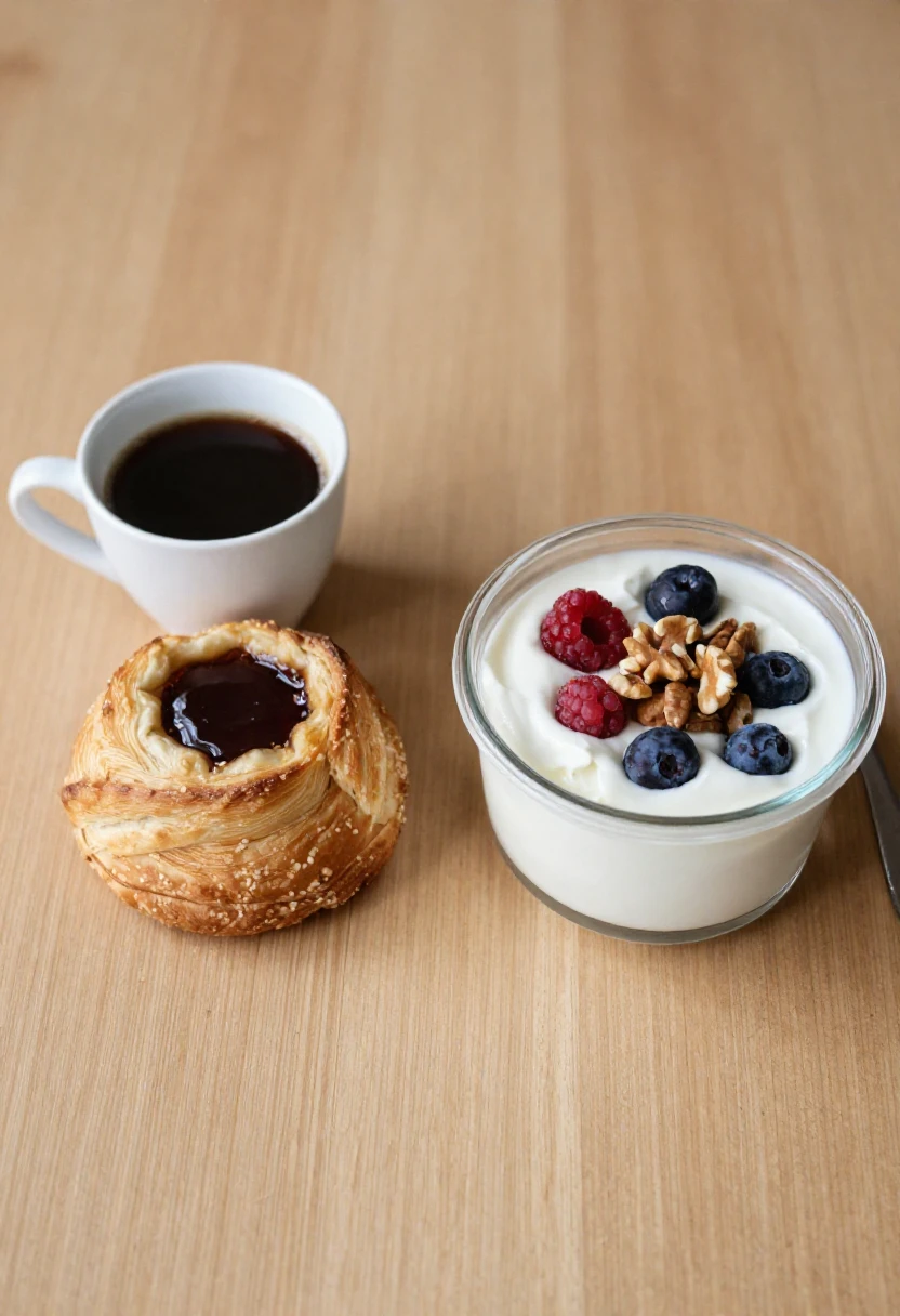 White cup of black coffee, a jam-filled Danish pastry, and a yogurt cup topped with blueberries, raspberries, and walnuts on a wooden table.