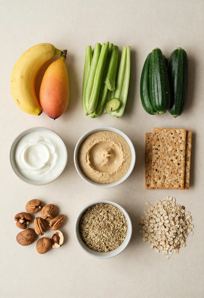 Top-down view of healthy ingredients: bananas, mango, celery, zucchini, yogurt, hummus, crackers, pecans, oats, and flax seeds.