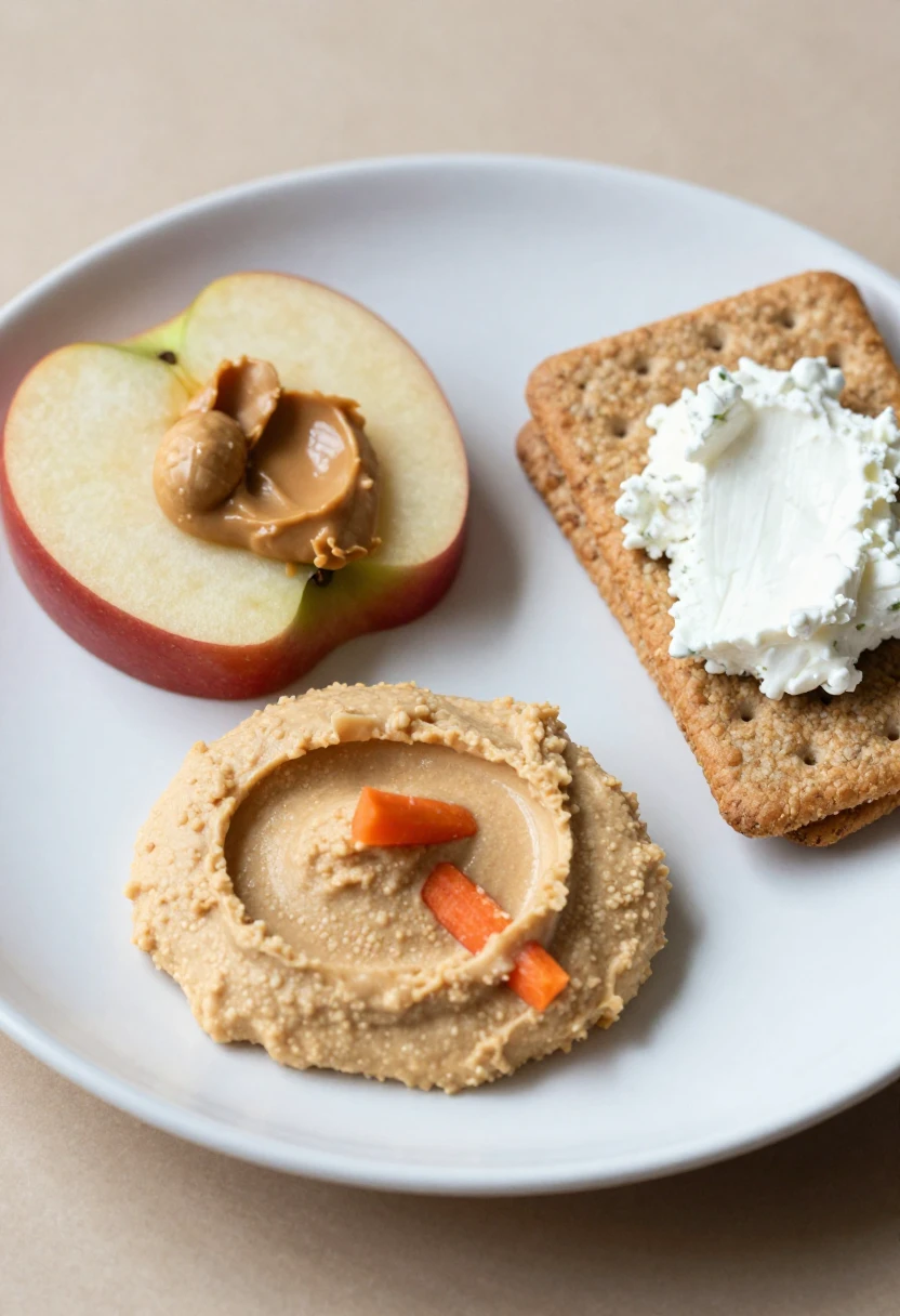 Plate with half an apple spread with peanut butter, a cracker topped with cream cheese, and a scoop of hummus with carrot pieces on the side.
