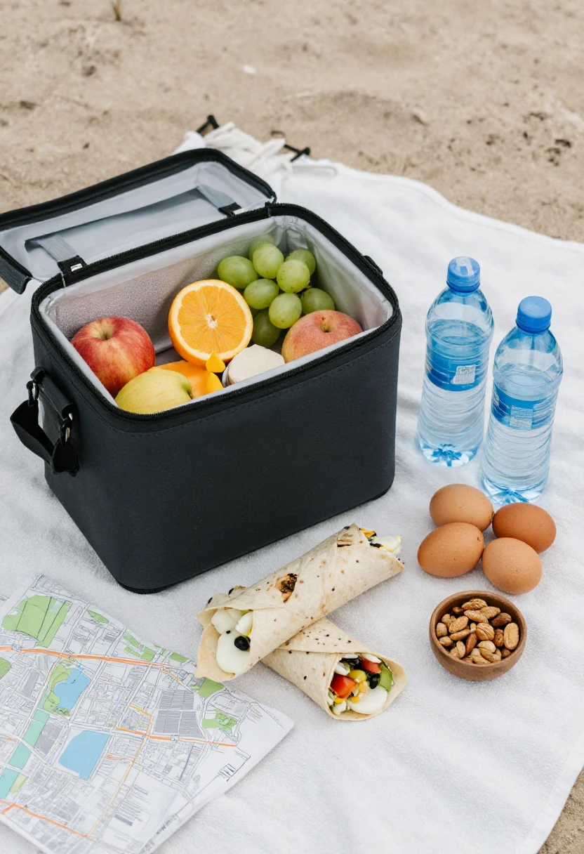 Healthy travel foods for road trips, flights, city breaks, and beach days, including wraps, fruit, eggs, nuts, and water.