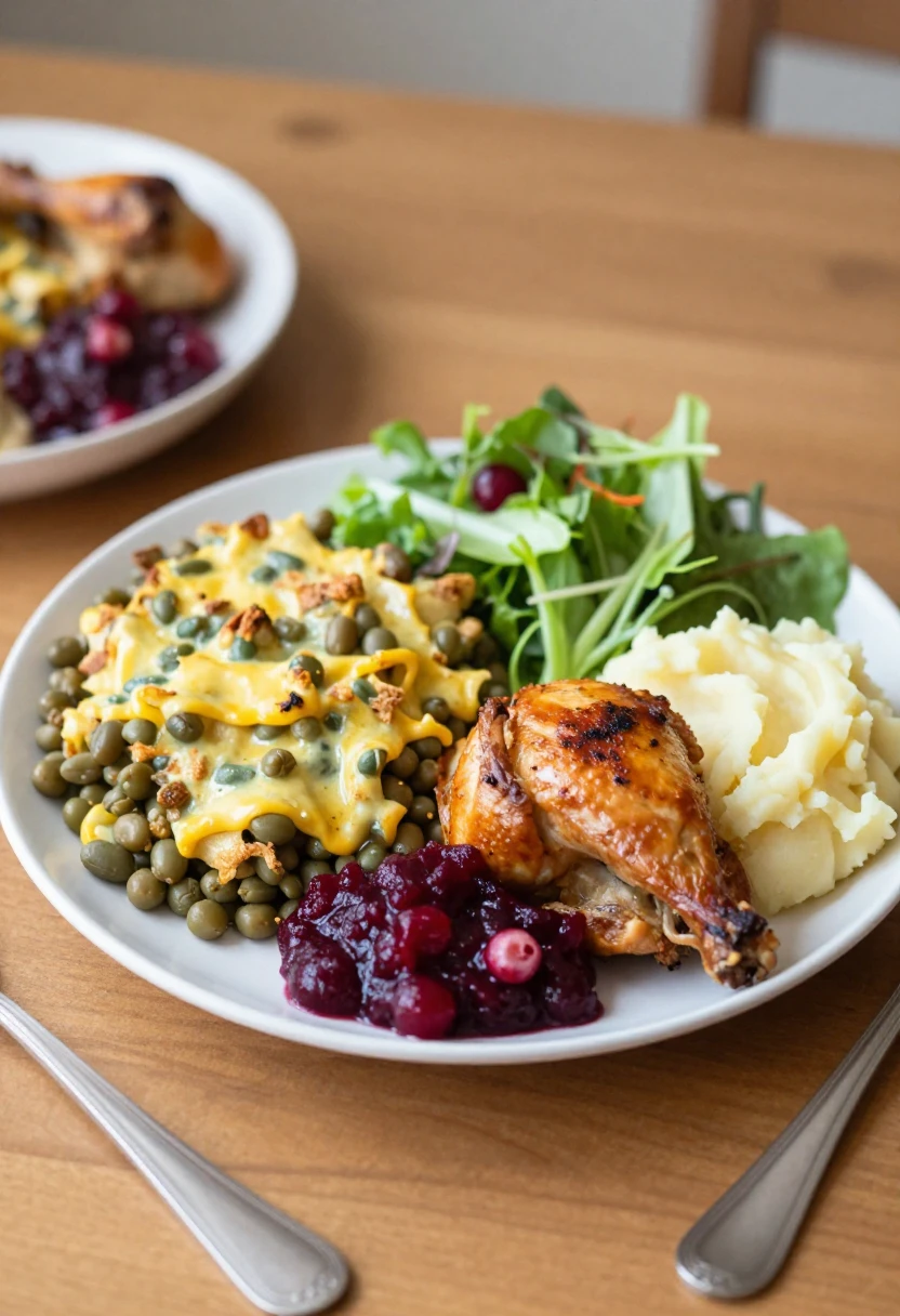 Green bean casserole served with roasted chicken mashed potatoes and salad
