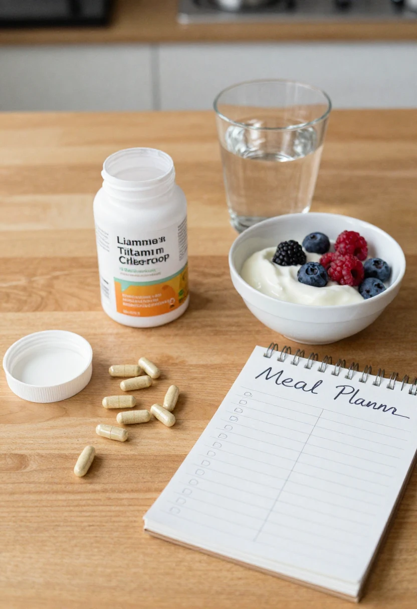 Open bottle of vitamins with pills spilled on a wooden table next to a bowl of yogurt with blueberries and raspberries, a glass of water, and a spiral notebook labeled 'Meal Planner'