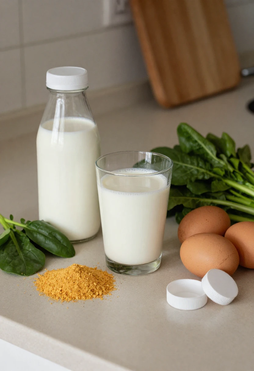 Fortified foods, eggs, greens, and a supplement bottle for people who may need more B vitamins.