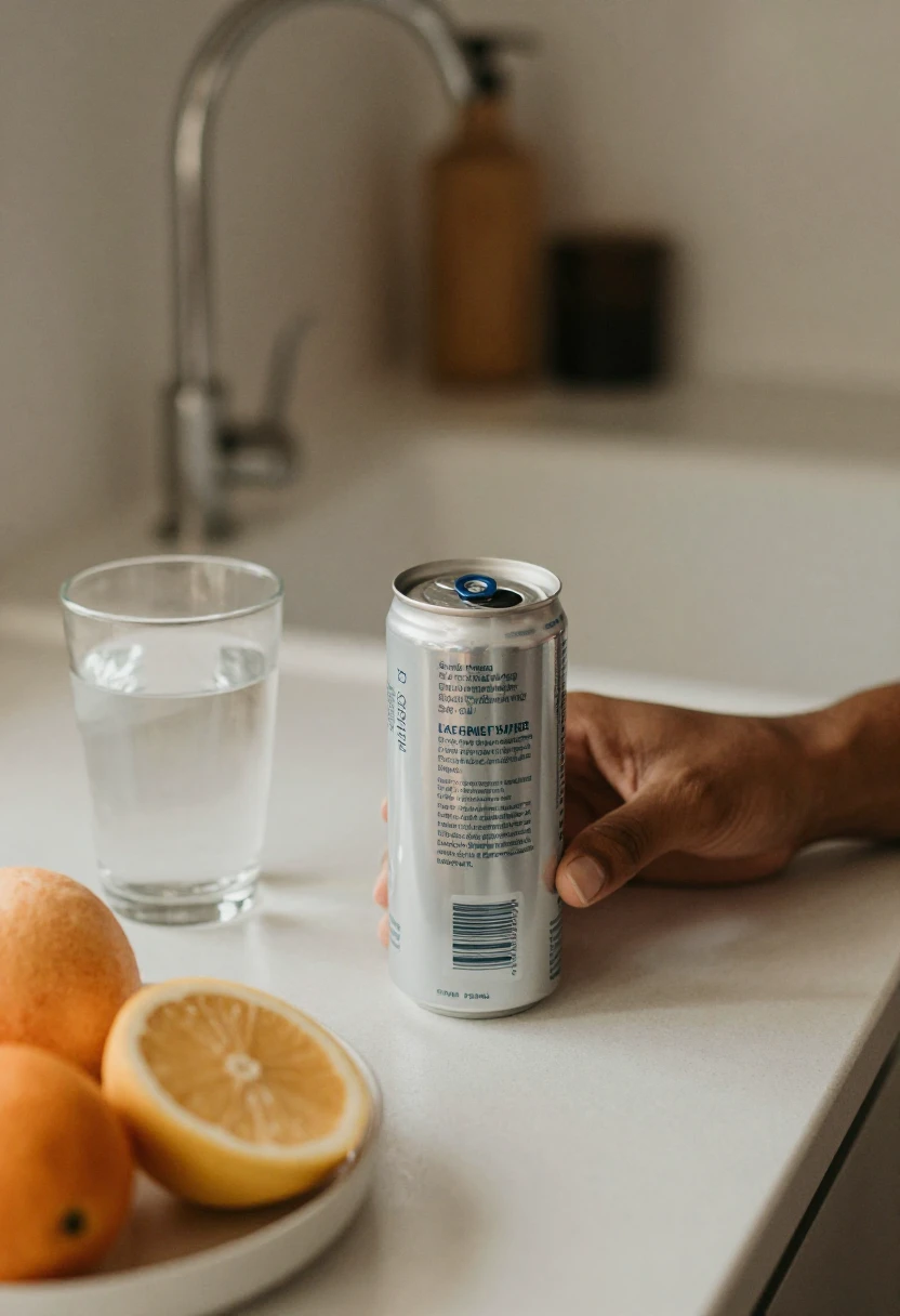 Person checking an energy drink label before deciding whether to drink it