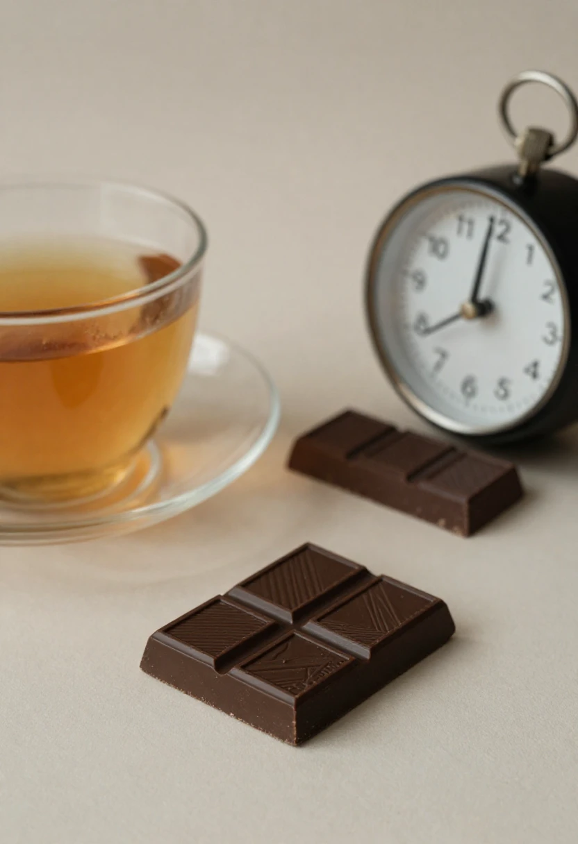 Small portion of dark chocolate beside tea, suggesting mindful eating for sensitive people.