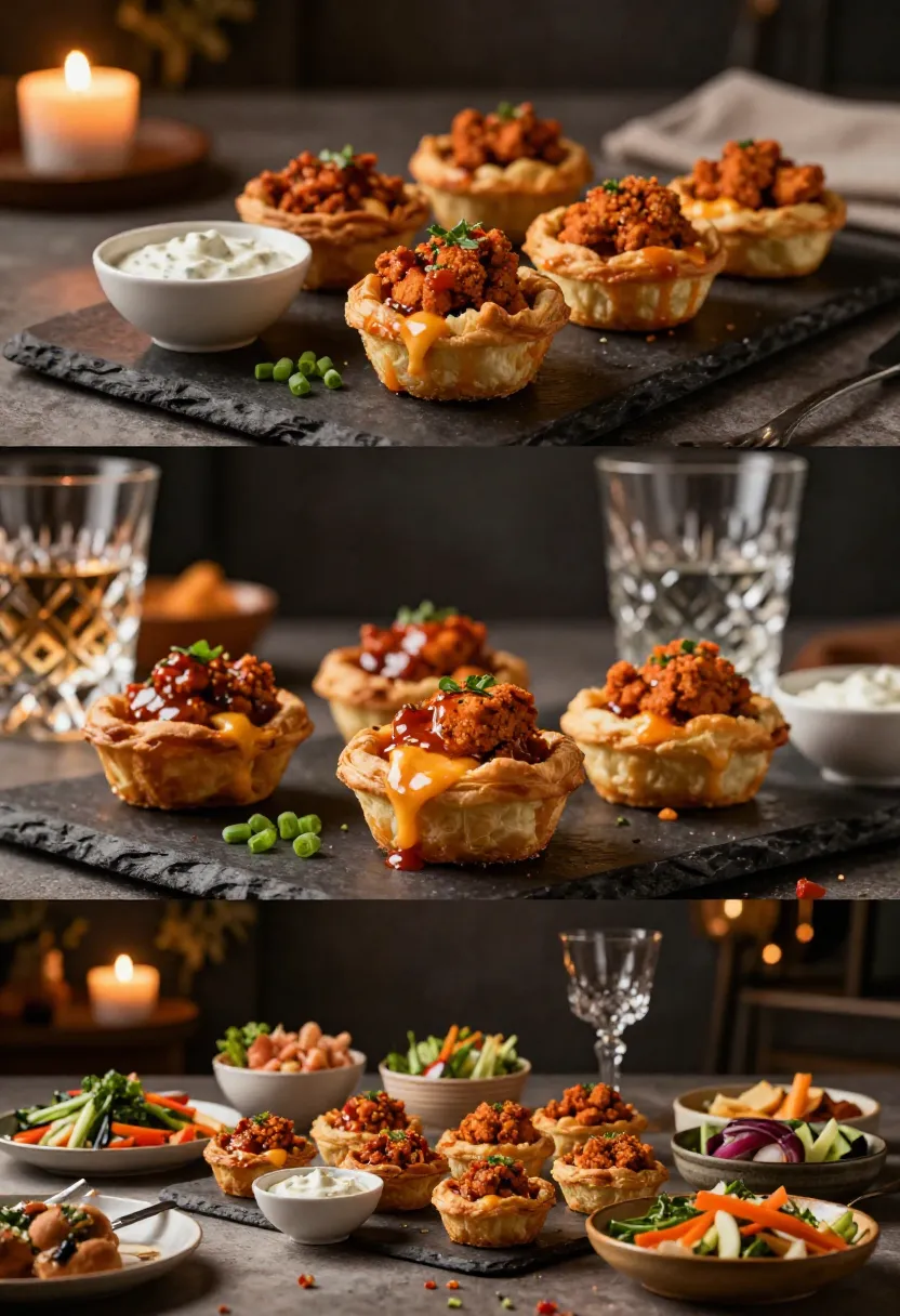 Elegant serving collage of buffalo chicken pastry baskets with dips and cozy evening atmosphere.