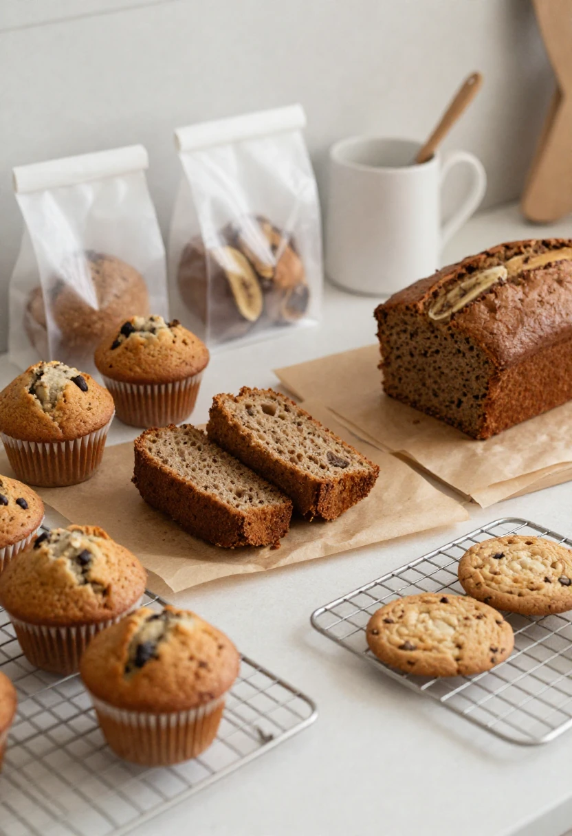 Fresh muffins, banana bread, and cookies cooling before being frozen for later.