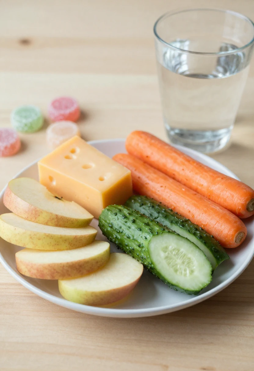 A balanced tooth-friendly snack plate with apple slices, cheese, crunchy vegetables, and water.