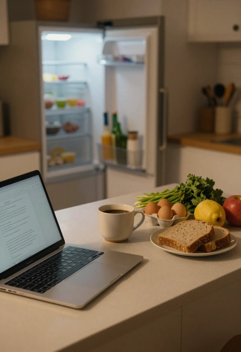 Laptop on a kitchen island with a mug of coffee and a plate of bread, eggs, greens, and fruit; open refrigerator in the background.