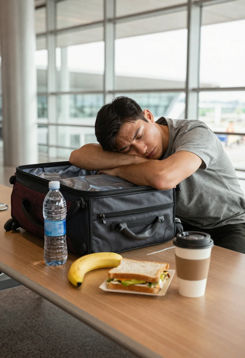 Traveler with simple healthy food, water, and coffee at an airport table during a busy travel day.
