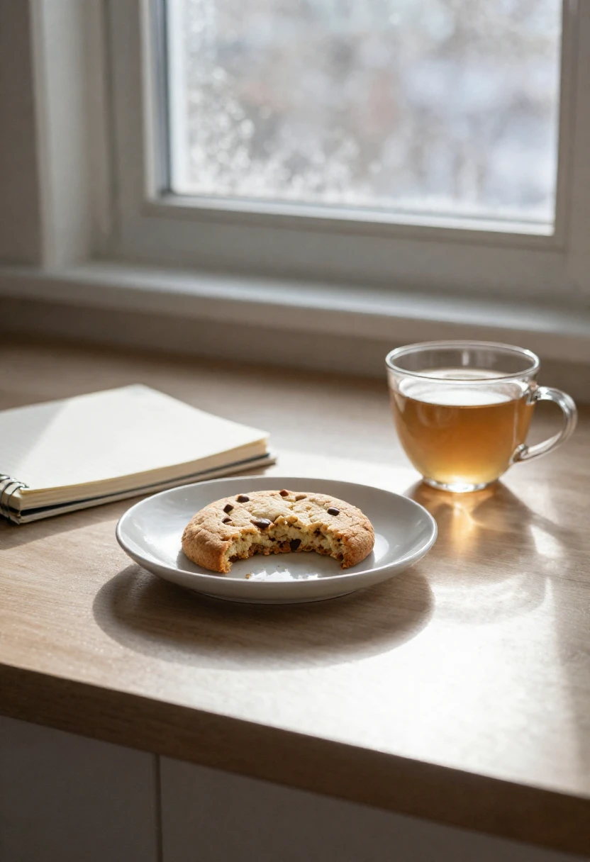 Cookie on a plate beside tea and a notebook representing food guilt and reflection