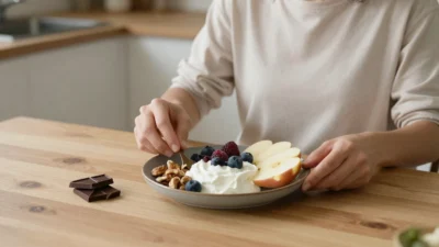 A balanced snack plate with yogurt, fruit, nuts, and dark chocolate on a cozy kitchen table.