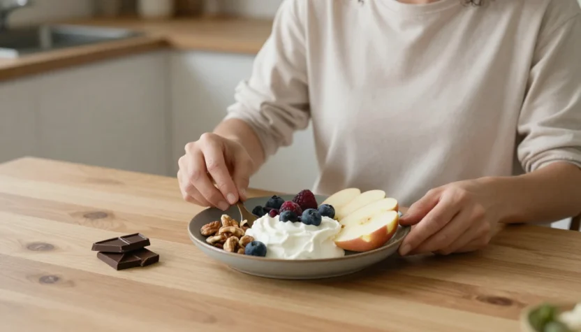 A balanced snack plate with yogurt, fruit, nuts, and dark chocolate on a cozy kitchen table.