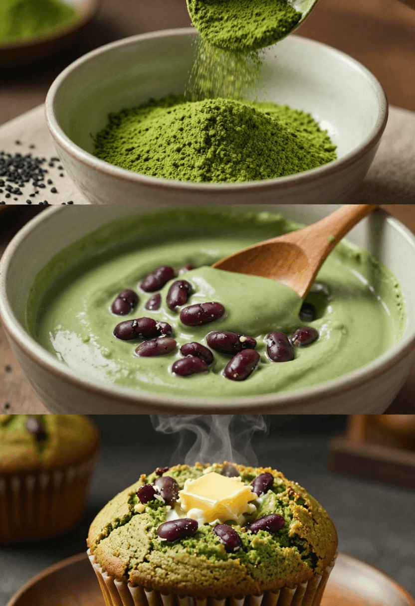 Powdered matcha being sifted into a white bowl; small black beans scattered nearby (tea dessert prep).