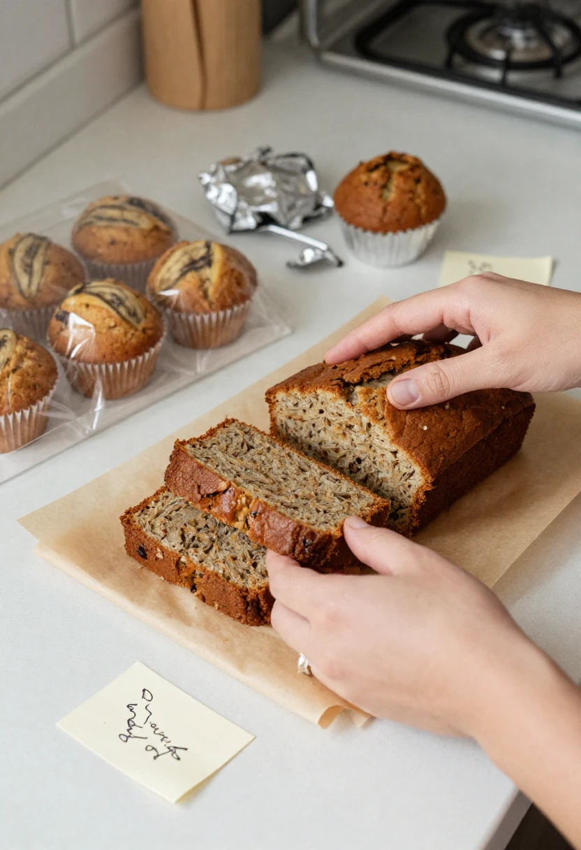 Baked goods being wrapped and labeled for freezer storage.