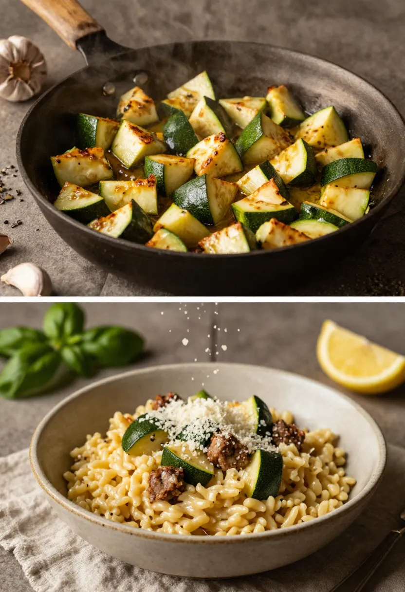 Collage of browned zucchini and creamy sausage orzo with Parmesan