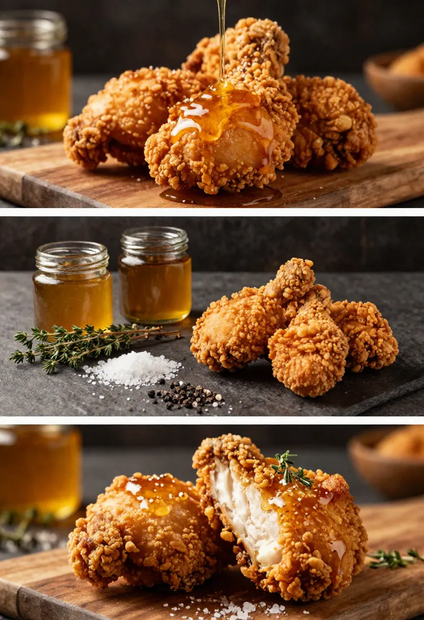 Three-panel collage highlighting crispy fried chicken, truffle honey, fresh herbs, and a juicy interior.