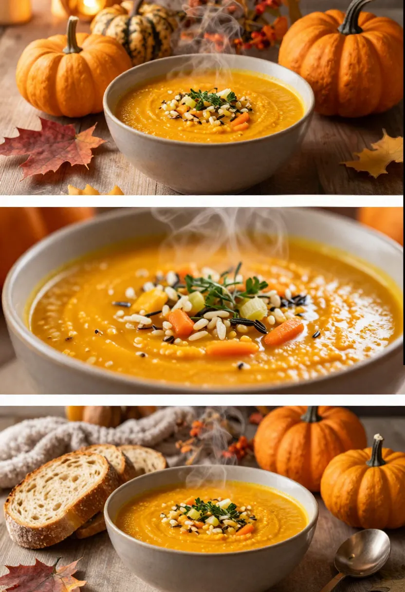 Collage showcasing pumpkin wild rice soup as a comforting seasonal dish from autumn through winter.