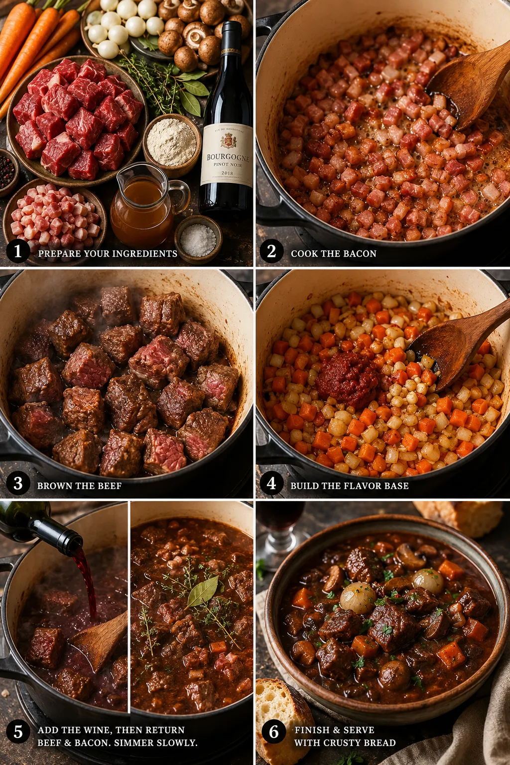 Three Beef Bourguignon variations served with mashed potatoes, parmesan polenta, and buttered egg noodles, each highlighting a unique twist on the classic French stew.