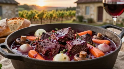 Authentic beef bourguignon with tender braised beef, pearl onions, mushrooms, carrots, and rich red wine sauce in a rustic French-style presentation.