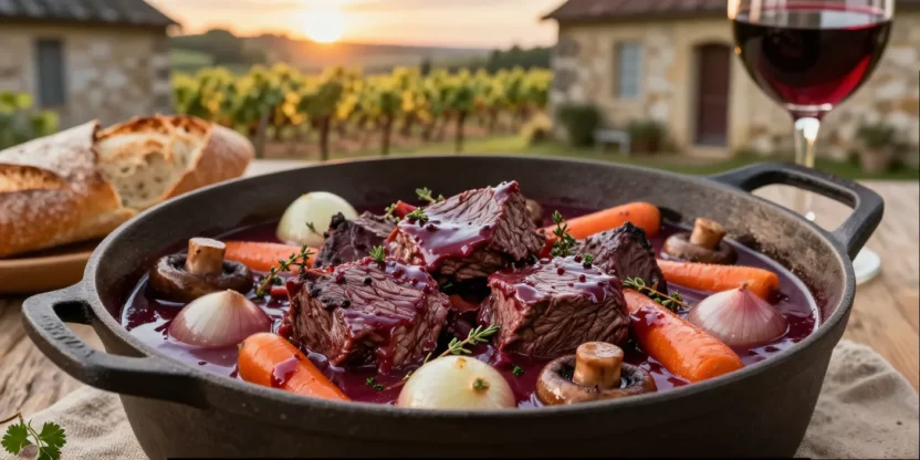 Authentic beef bourguignon with tender braised beef, pearl onions, mushrooms, carrots, and rich red wine sauce in a rustic French-style presentation.
