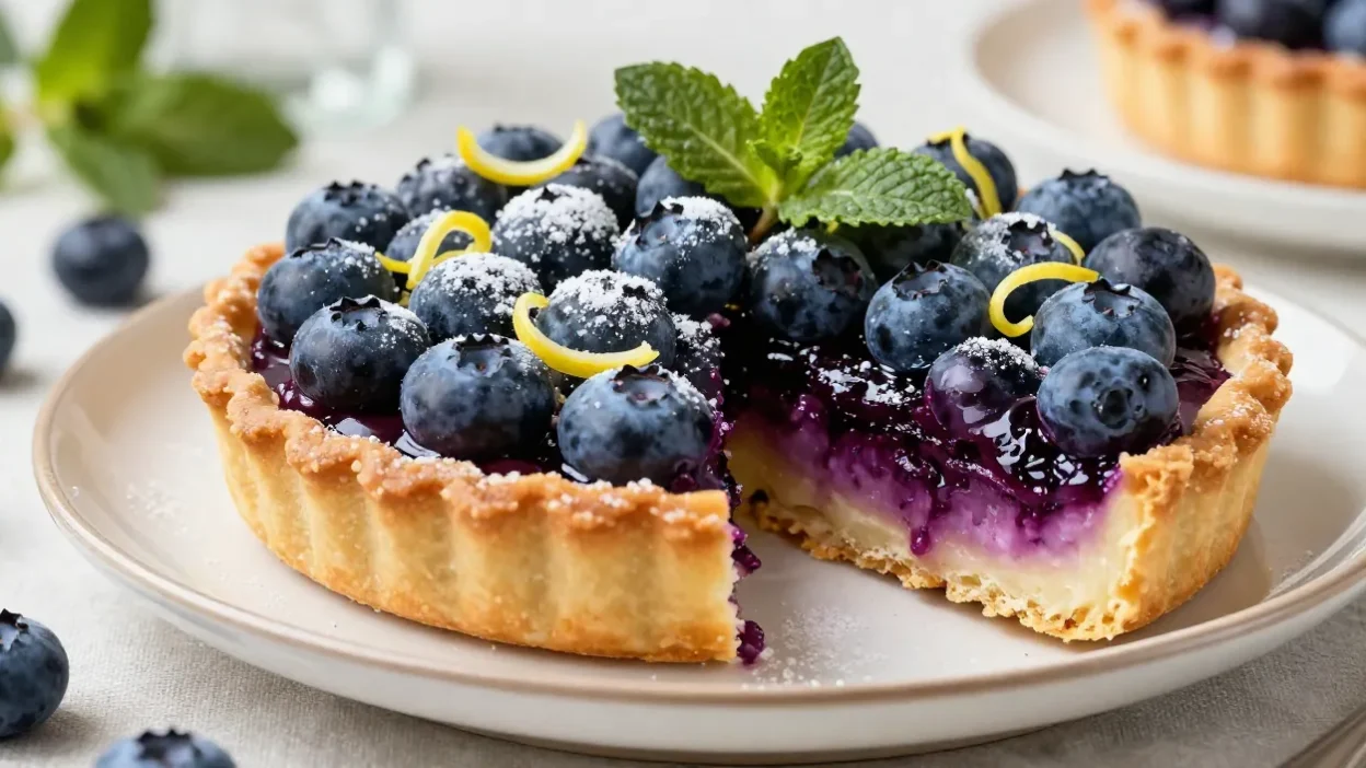 Homemade blueberry tart with a golden crust and fresh juicy blueberries beautifully styled for a summer dessert table.